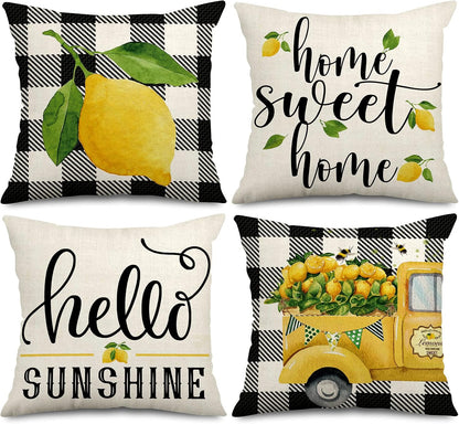 AnyDesign Lemon Pillow Covers 18 x 18 in Summer Farmhouse Throw Pillow Case Watercolor Buffalo Plaids Truck Hello Sunshine Cushion Cases for Home Sofa Couch, 4 Pack