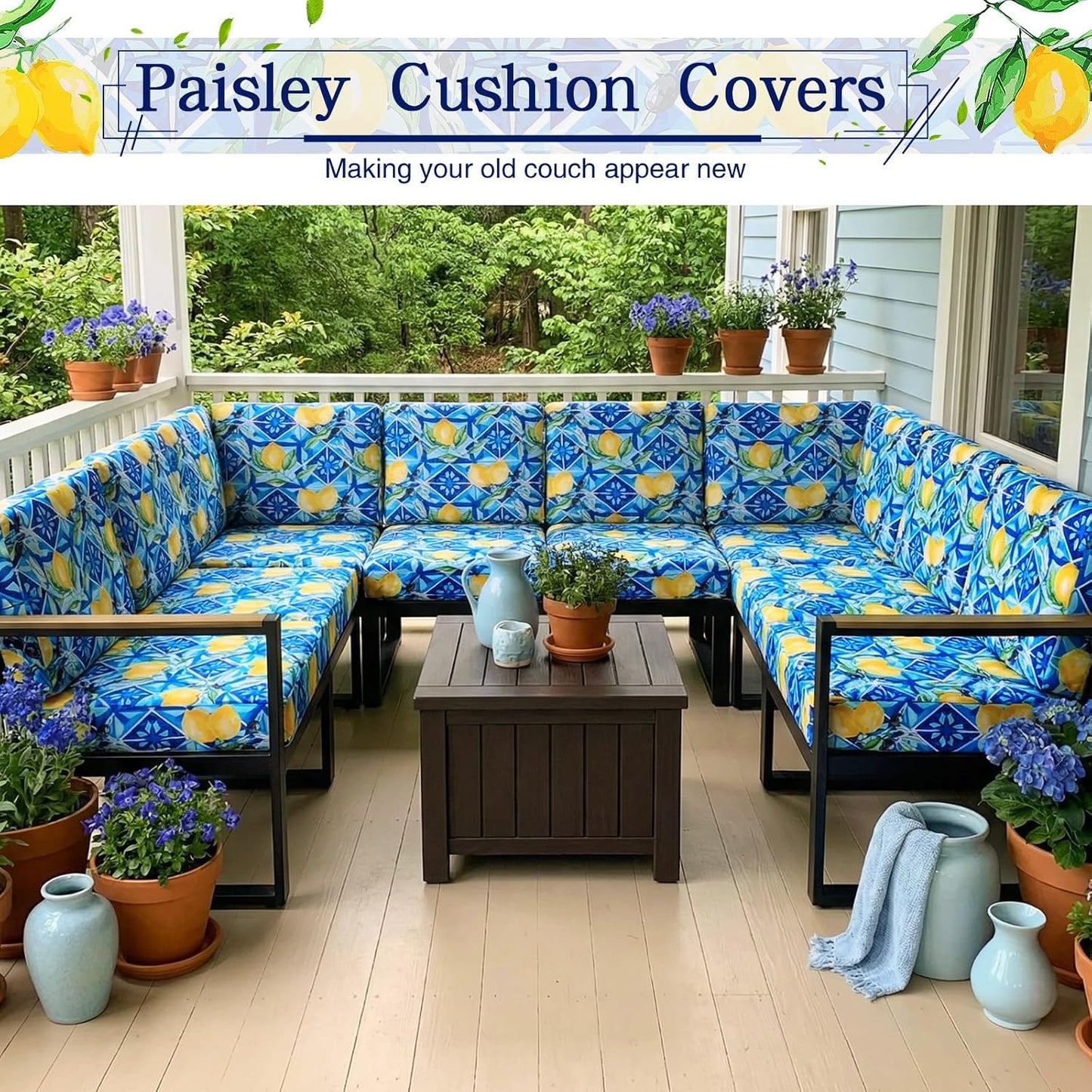 Newwiee 12 Pcs Patio Cushion Covers Outdoor Stretch Sofa Couch Cover Replacement Couch Slipcover Sofa Seat Chair Porch Patio Furniture Protector, Flexibility Washable(Blue Series,Yellow Lemon)
