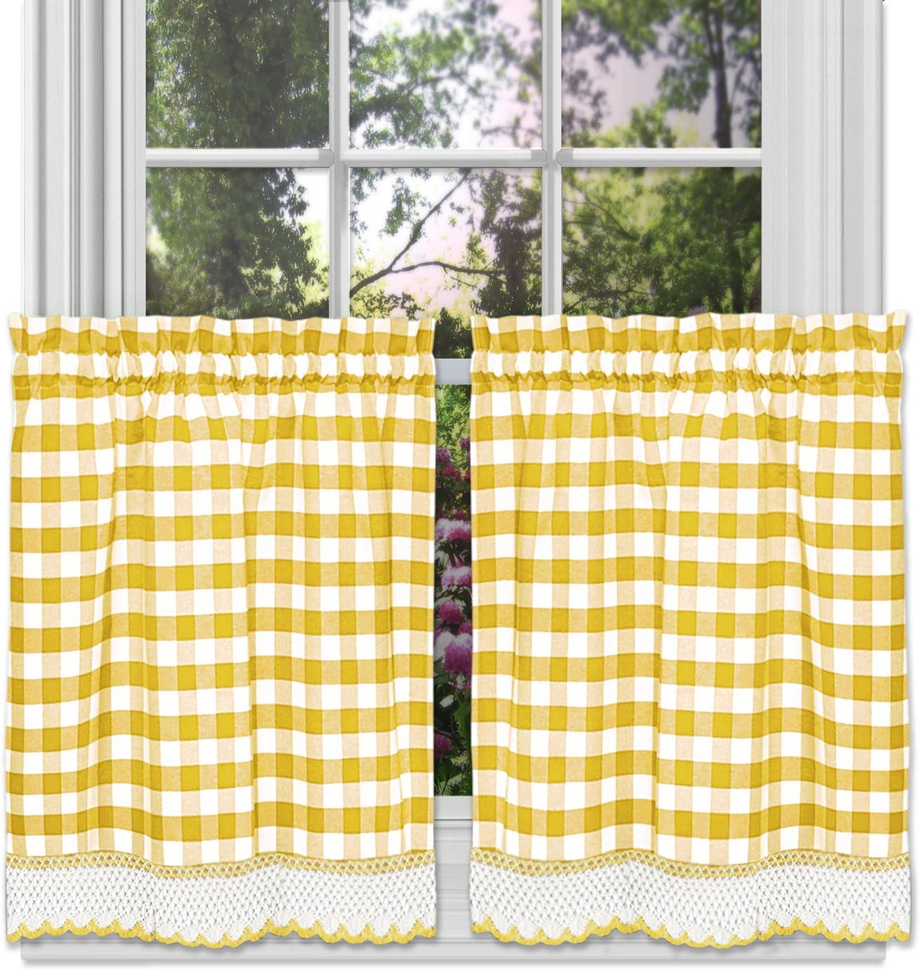 Woven Trends Farmhouse Curtains Kitchen Décor, Buffalo Plaid Valance, Classic Country Plaid Gingham Checkered Design, Farmhouse Décor, Window Curtain Treatments (Yellow, 24" Tier Pair)
