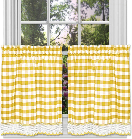 Woven Trends Farmhouse Curtains Kitchen Décor, Buffalo Plaid Valance, Classic Country Plaid Gingham Checkered Design, Farmhouse Décor, Window Curtain Treatments (Yellow, 24" Tier Pair)