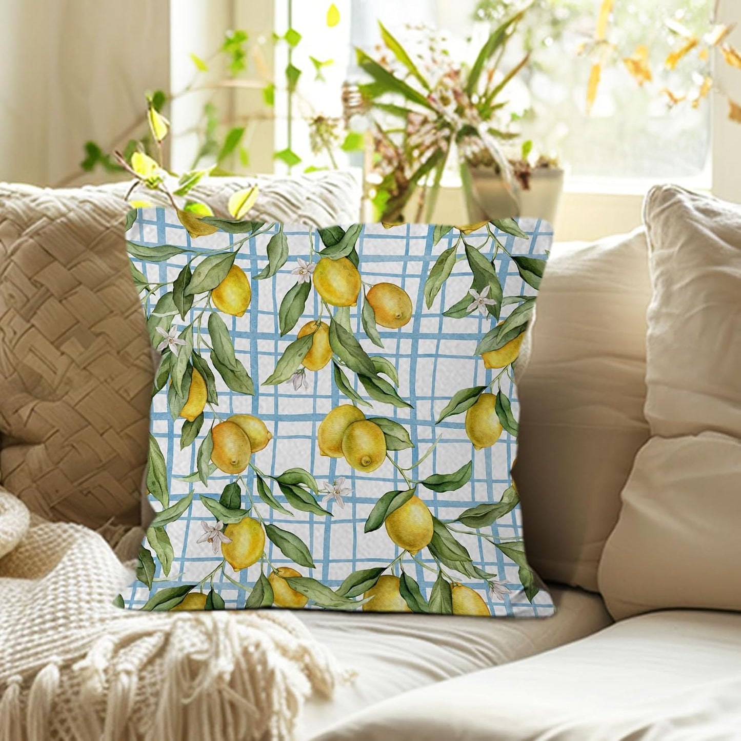 Lemon Pillow Covers 18x18,Yellow and Blue Mediterranean Summer Lemon Decor, Yellow and Blue Mediterranean Summer Throw Pillow Covers for Home Bedroom Couch