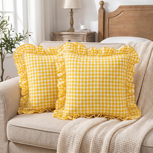 Eternal Beauty 2 Pack 18x18 in Yellow White Plaid Gingham Ruffle Throw Pillow Covers, 100% Washed Cotton Decorative Checkered Pillowcase for Couch, Sofa, Bed, Farmhouse Vintage Home Decor