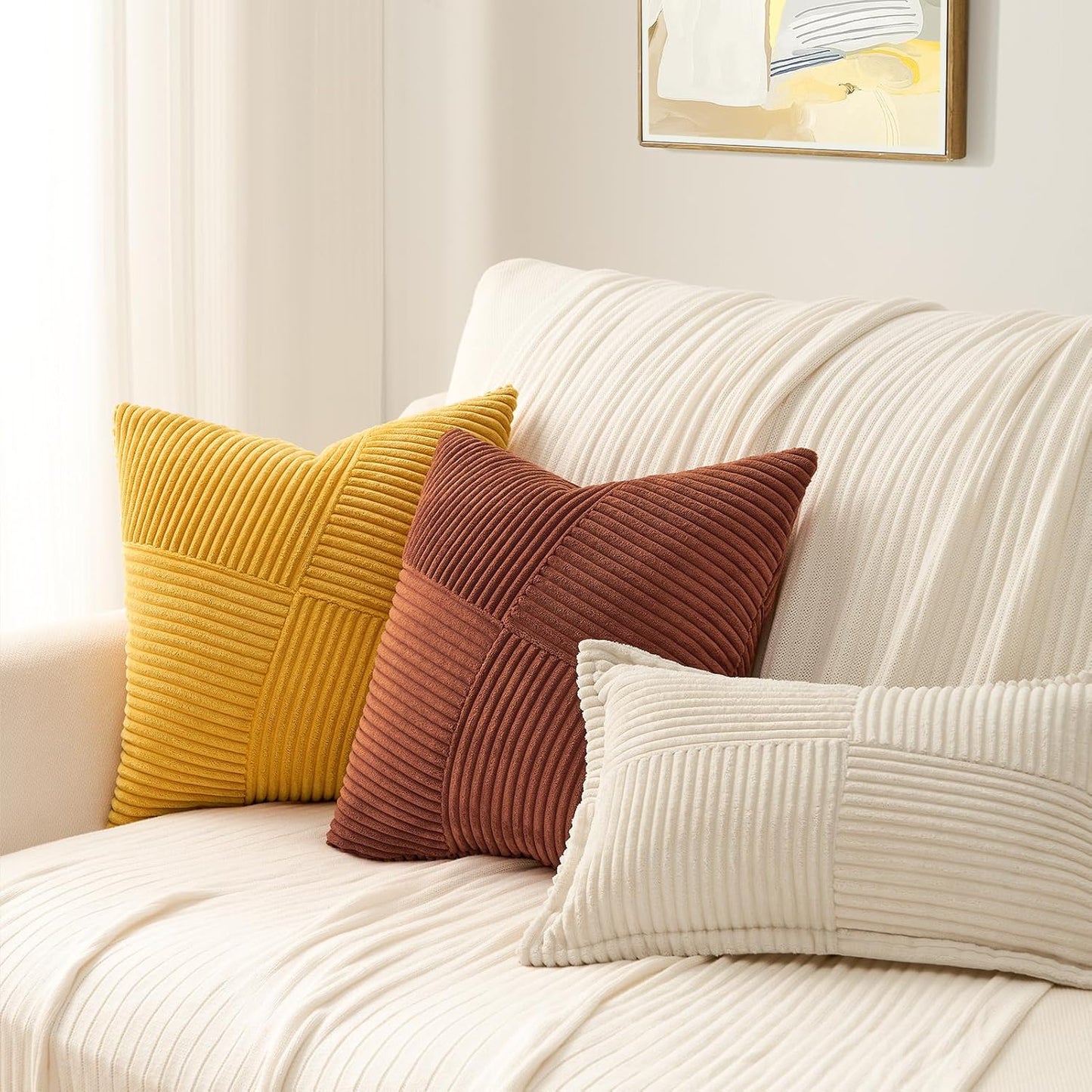 Topfinel Set of 2 Decorative Yellow Throw Pillow Covers 18x18 Inch for Couch Sofa Bed, Farmhouse Boho Rustic Home Decor,Soft Corduroy Windmill Textured Striped Patchwork Cushion Cases