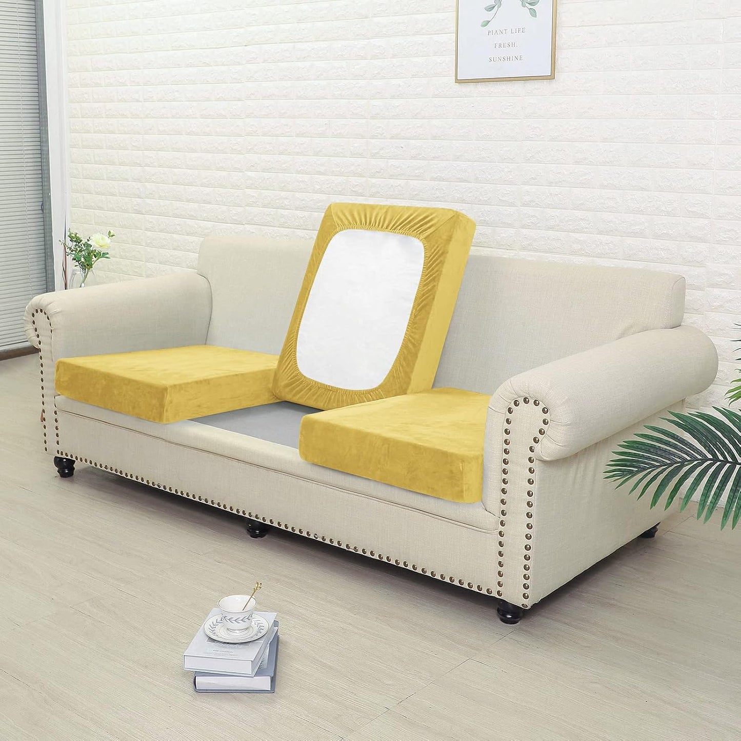 Jonuiony Wear-Resistant Universal Sofa Cover, Stretch Velvet Separate Couch Cushion Slipcovers, L Shape Sofa Chaise Covers for Both Left/Right Sectional Couch Protector(Lemon Yellow,Single Seat)