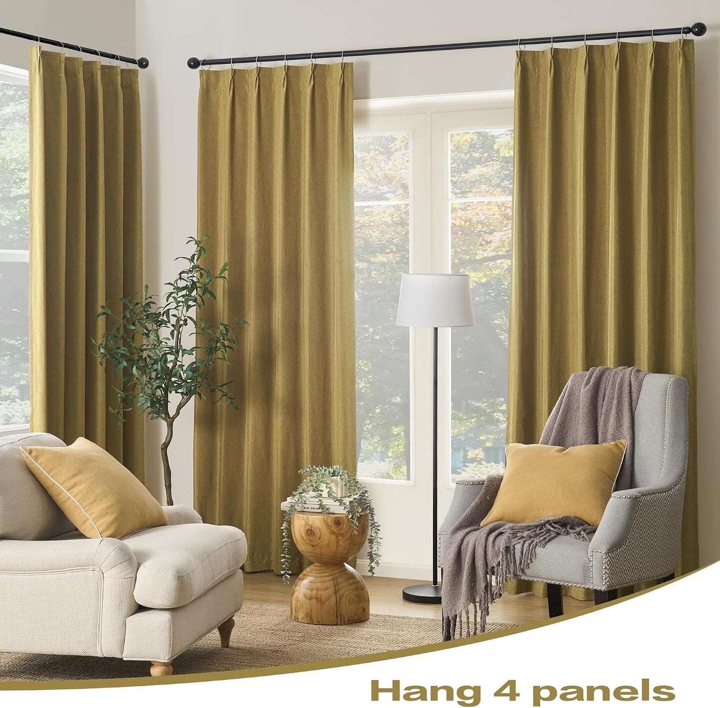 DUALIFE Mustard Yellow Pinch Pleated Blackout Curtains 108 Inches Long, Back Tab with Hooks, Linen Full Black Out Thermal Insulated Track Curtain for Bedroom Living Room,40 W x 108 L, 2 Panels