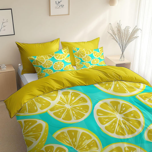 Vector Illustration Fruit Lemon Slice Microfiber Duvet Cover Set Twin (68 x 90 in) 2pcs Bedding Set for Kids Girls Boys Teens Room Decor, Ultra Soft Comforter Quilt Cover with 1 Pillow Shams, Yellow