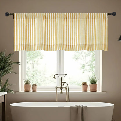 Chyhomenyc Striped Valances for Windows - Light Filtering Faux Linen Small Tier Valance Curtains, Boho Ticking Stripe Rod Pocket Farmhouse Valance for Living Room, 52Wx14L, 2 Pieces, Yellow Gold