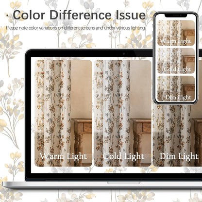 Floral Linen Curtains 72 inch Length 2 Panels Set Flower Patterned Semi Sheer Light Filtering Privacy Farmhouse Grommet Drapes for Living Room, Yellow, 52" W X 72" L, Tan