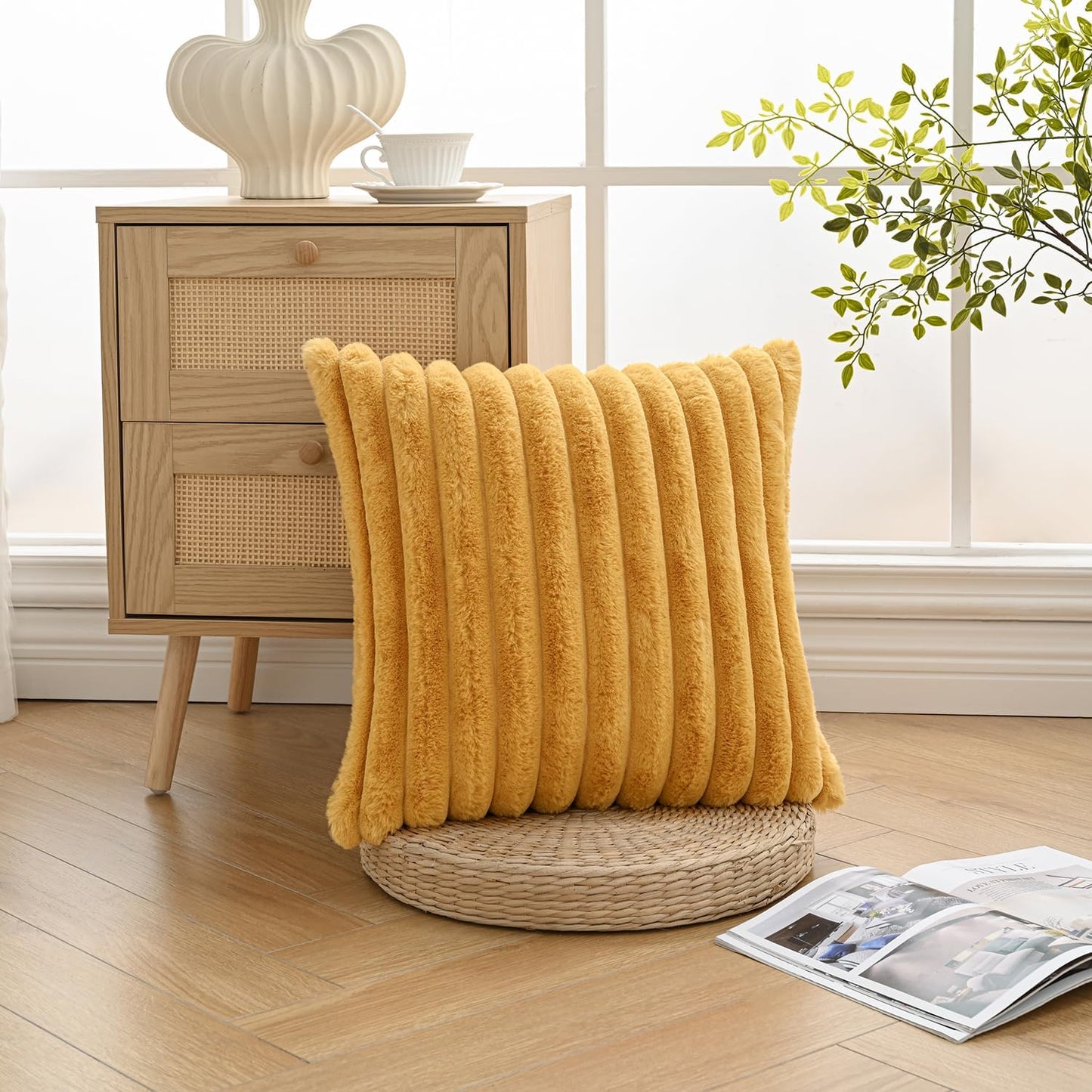 Volcanics Pack of 1 Double-Sided Faux Fur Plush Decorative Throw Pillow Covers 18x18 Inches Soft Fluffy Striped Couch Pillow Cases, Mustard Yellow
