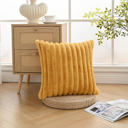 Volcanics Pack of 1 Double-Sided Faux Fur Plush Decorative Throw Pillow Covers 18x18 Inches Soft Fluffy Striped Couch Pillow Cases, Mustard Yellow