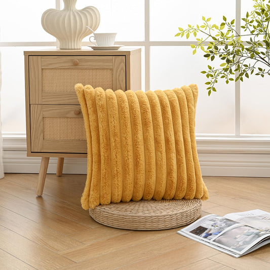 Volcanics Pack of 1 Double-Sided Faux Fur Plush Decorative Throw Pillow Covers 18x18 Inches Soft Fluffy Striped Couch Pillow Cases, Mustard Yellow