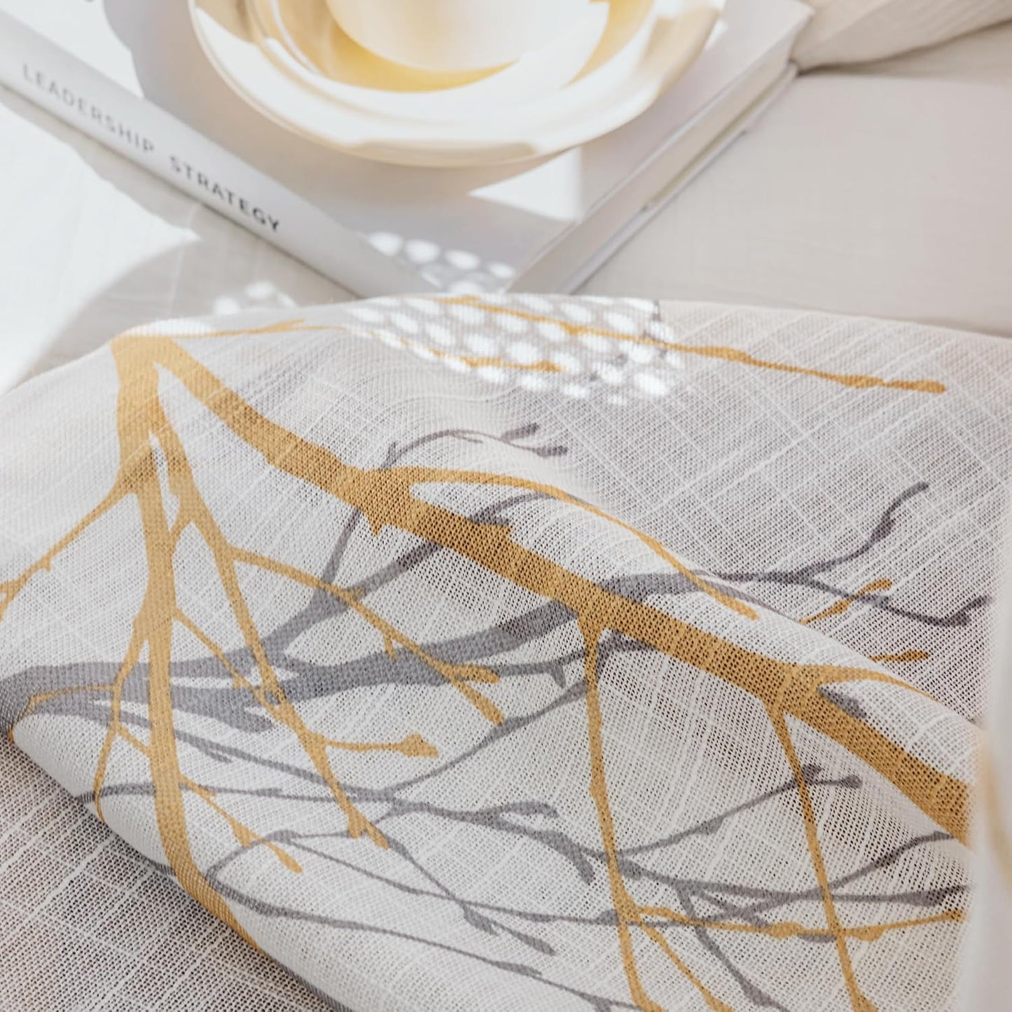 FMFUNCTEX Sheer Sidelight Front Door Curtains 40 Inches Long White Yellow Branch Tree Half Print Curtain for Patio Doors with Matching Tiebacks 24 Inches Wide 2 Panels Set