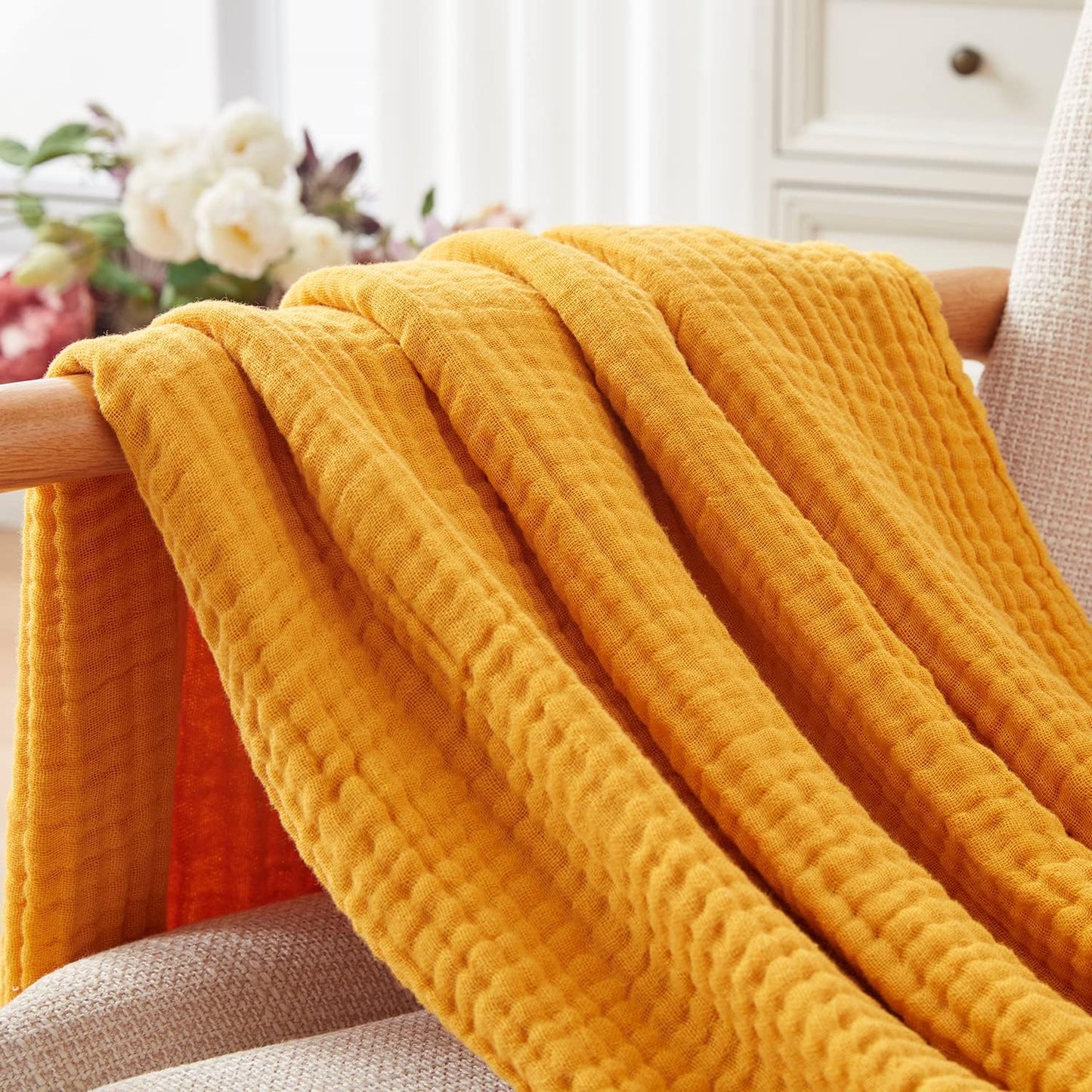 EMME Muslin Blankets for Adults Throw Blanket for Couch Breathable Gauze Soft Lightweight Airy Mustard Yellow Twin 60" x 80"