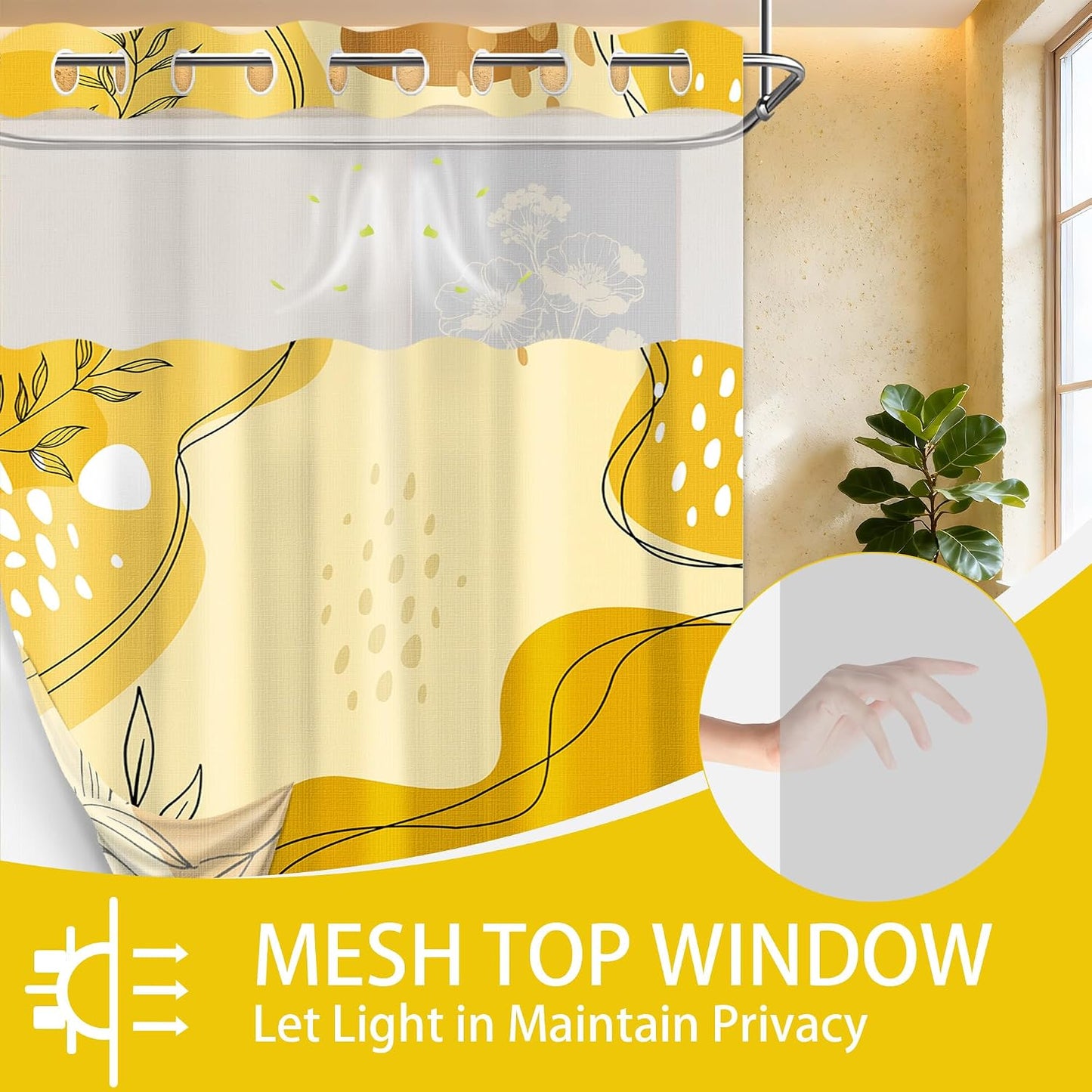 puuiiui Mustard Yellow Hookless Shower Curtain Mesh with Snap in Liner, Light Yellow Boho No Hook Double Layer Shower Curtain and Liner Set, Ringless with Window Waterproof Cloth Fabric, 71"W x 86"L