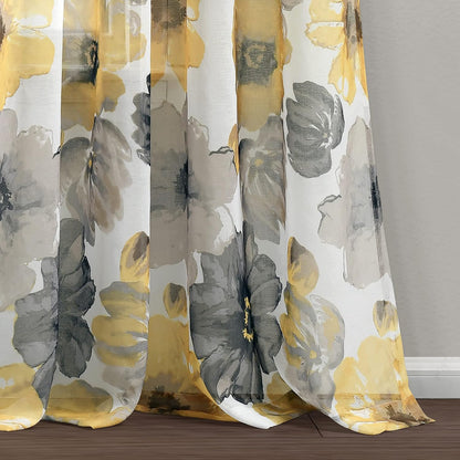 Lush Decor Leah Floral Sheer Window Curtain Panels Pair 52"W x 84"L Yellow & Gray - Floral Curtains for Bedroom - Sheer Curtains for Living Room