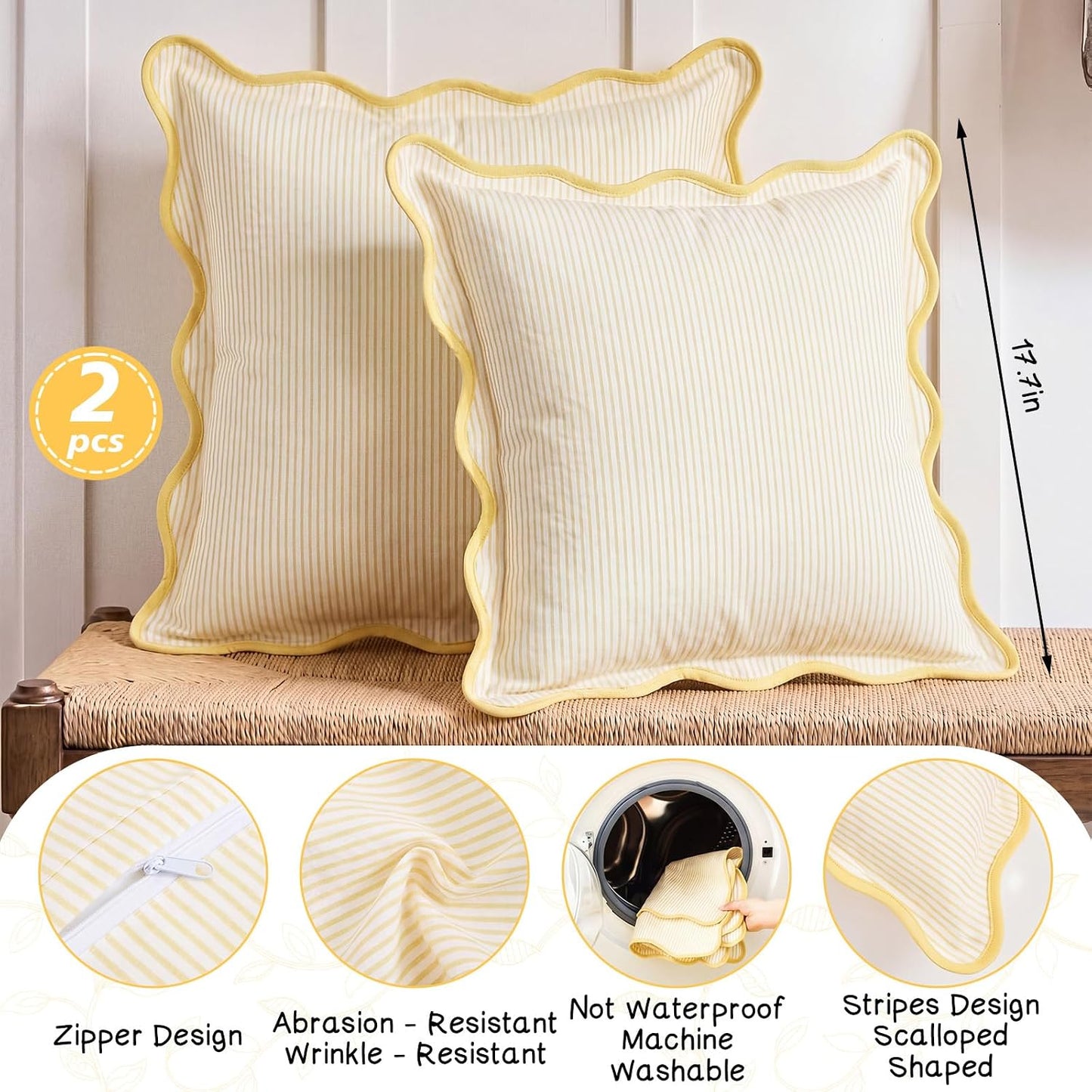 HunnmingRe 2 Pcs Scalloped Edge Striped Pillowcases Stripe Throw Pillow Cover Only Wear Resistant Pillow Shams for Couch Bed Sofa Bedroom Living Room Outdoor Party(Yellow,18'' X 18'')