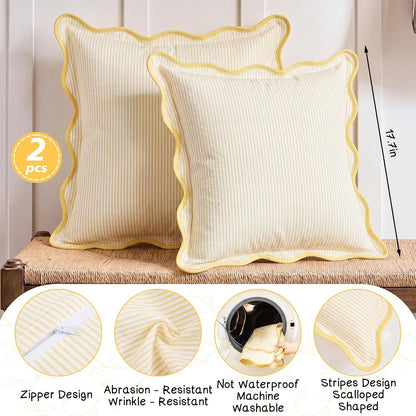 HunnmingRe 2 Pcs Scalloped Edge Striped Pillowcases Stripe Throw Pillow Cover Only Wear Resistant Pillow Shams for Couch Bed Sofa Bedroom Living Room Outdoor Party(Yellow,18'' X 18'')