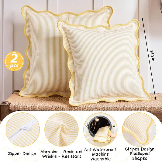HunnmingRe 2 Pcs Scalloped Edge Striped Pillowcases Stripe Throw Pillow Cover Only Wear Resistant Pillow Shams for Couch Bed Sofa Bedroom Living Room Outdoor Party(Yellow,18'' X 18'')