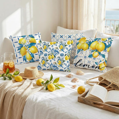 FUTBU Lemon Throw Pillow Covers 18x18 Inch Set of 4, Bule Diamond Check Farmhouse Cushion Case, Hello Summer Party Holiday Decoration for Sofa Couch