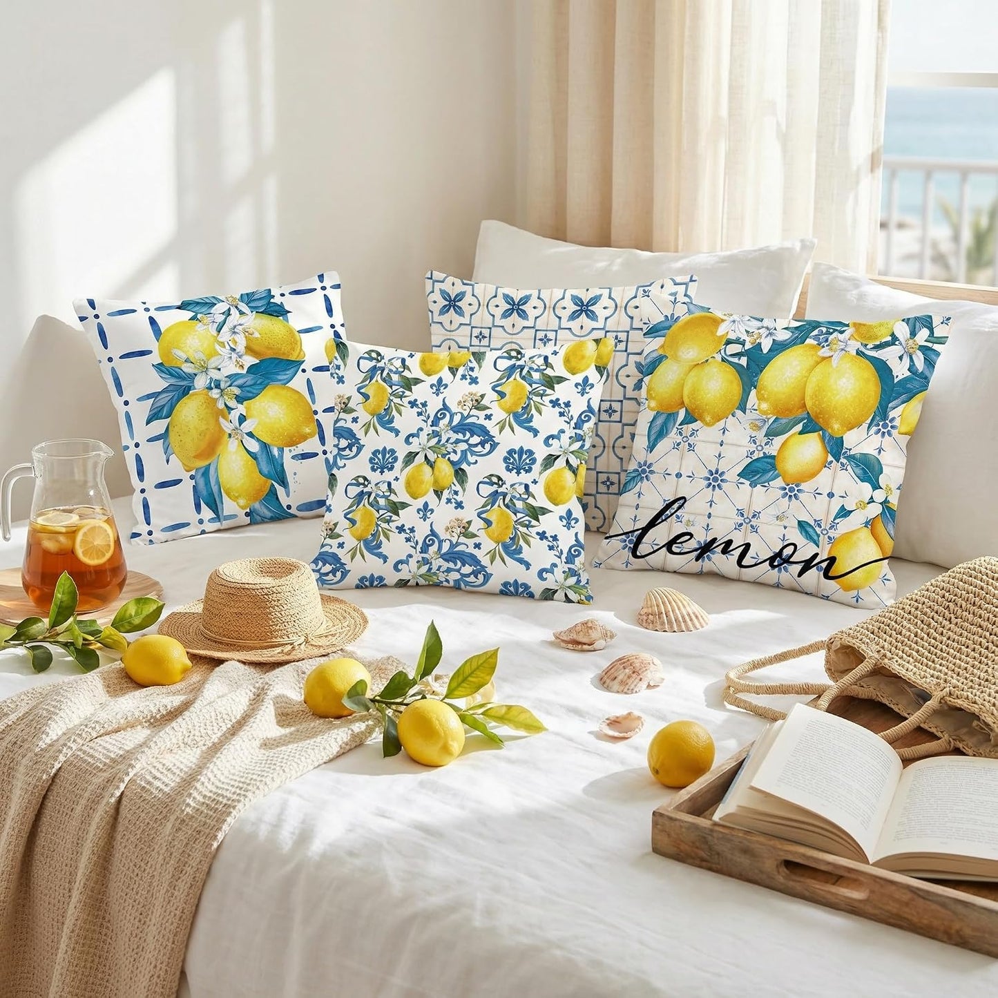 FUTBU Lemon Throw Pillow Covers 16x16 Inch Set of 4, Bule Diamond Check Farmhouse Cushion Case, Hello Summer Party Holiday Decoration for Sofa Couch