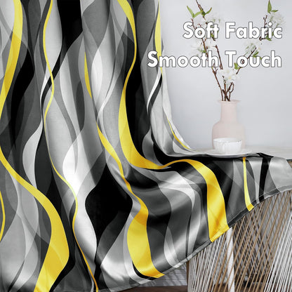 weesire Yellow and Grey Blackout Curtains Modern Striped Decorative 100% Light Blocking Darkening Grommet Yellow Curtain for Living Room Villa, Bedroom Gray and White 2 Panels Set, 52x84 Inches