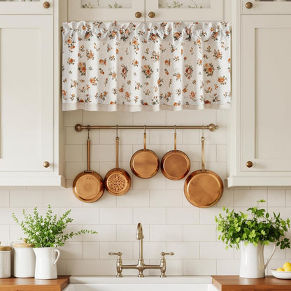 StangH Linen Floral Valance Kitchen Curtains 18 Inches,Printed Double Layer Valance Living Room Laundry Room Darkening Farmhouse Vintage Flower Window Treatment,Yellow,W52 x L18,1 Panel