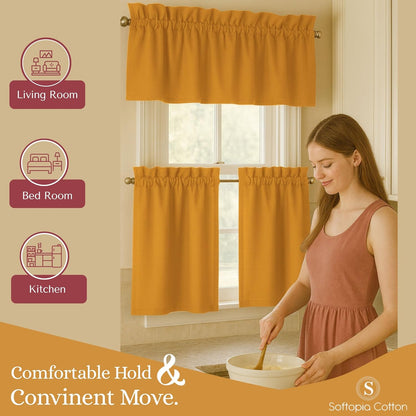 3 Piece Window Curtain Set, 100% Cotton, 2 Tiers 26x36 Inch & 1 Valance 54x18 Inch, Semi Sheer, Rod Pocket, Short Curtains for Kitchen, Café, Living Room, Bathroom, Mustard Yellow