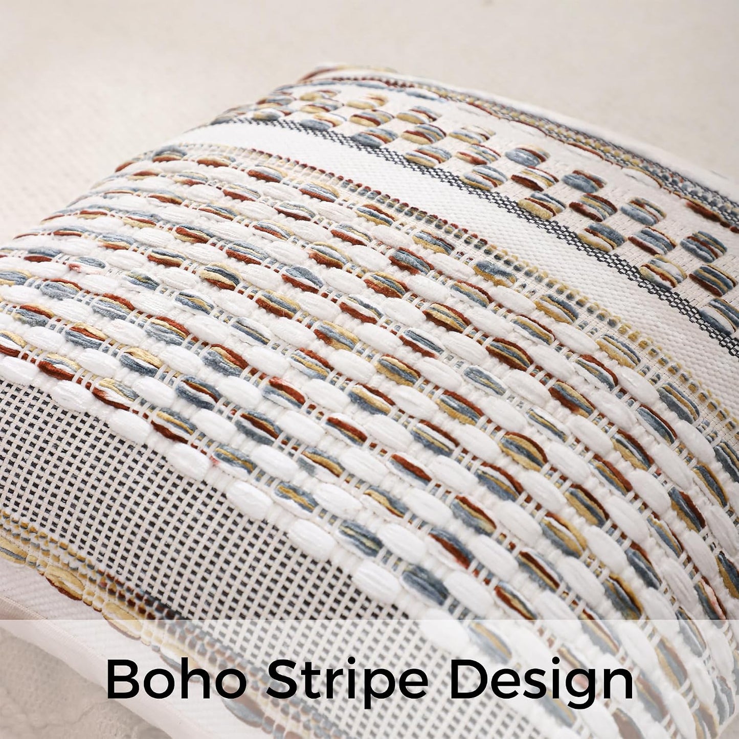 Boho Outdoor Throw Pillow Covers 18x18 Set of 2 Farmhouse Decorative Cushion Case Striped Square Pillow Cover Chenille Pattern Pillow Cases Accent Neutral Pillowcase,Rust Blue and Yellow