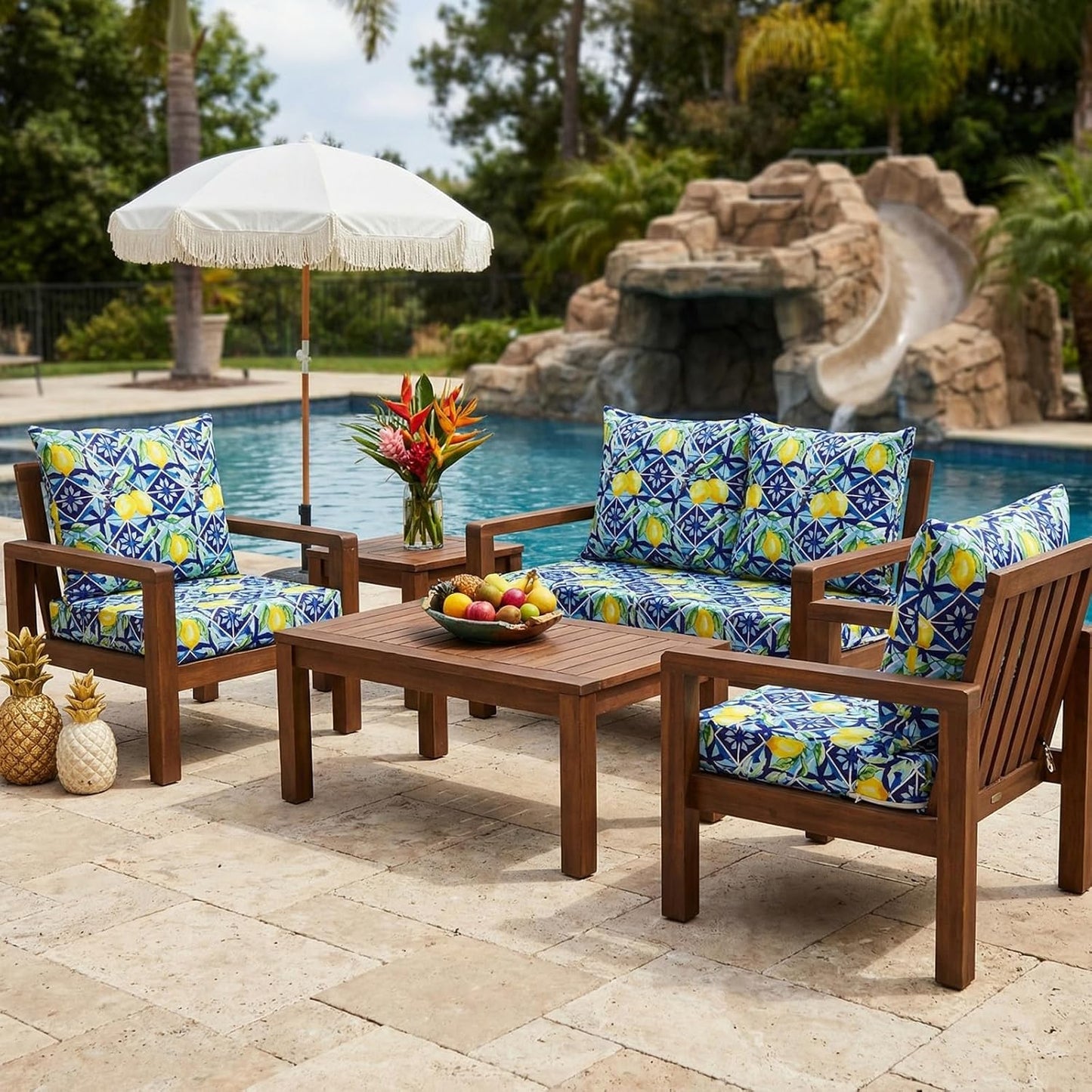 Hoteam 4 Set Outdoor Chair Patio Cushions 20 x 20 Inch Deep Seat Waterproof Chair Cushions for Patio Furniture Set Replacement Removable Seat and Back (Lemon)