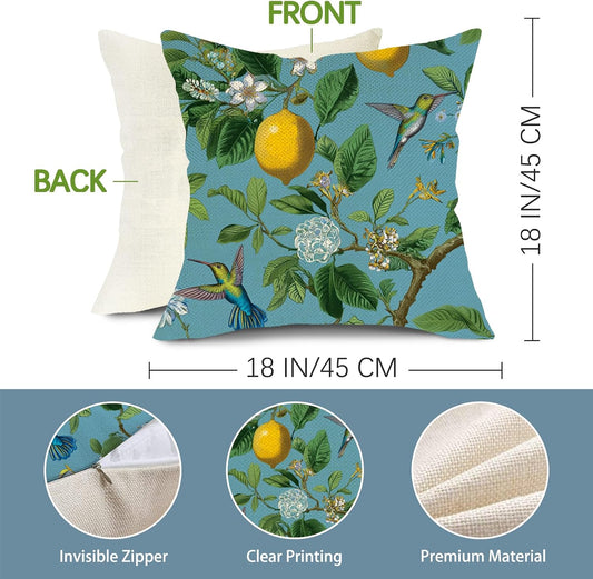 Rustic Blue Lemon Bird Floral Decorative Throw Pillow Covers 18 x 18 Set of 2, Vintage Flower Hummingbird Citrus Cottagecore Outdoor Home Decor, Farmhouse Spring Summer Sofa Couch Cushion Case