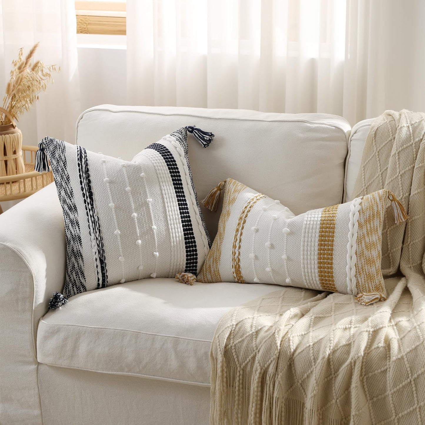 DEZENE Boho Lumbar Pillow Cover 12x20 Mustard Yellow - Handmade Woven Textured Throw Pillow Case with Cordings & Tassels, Decorative Accent for Couch Sofa Bed Farmhouse Living Room Bedroom Home Decor
