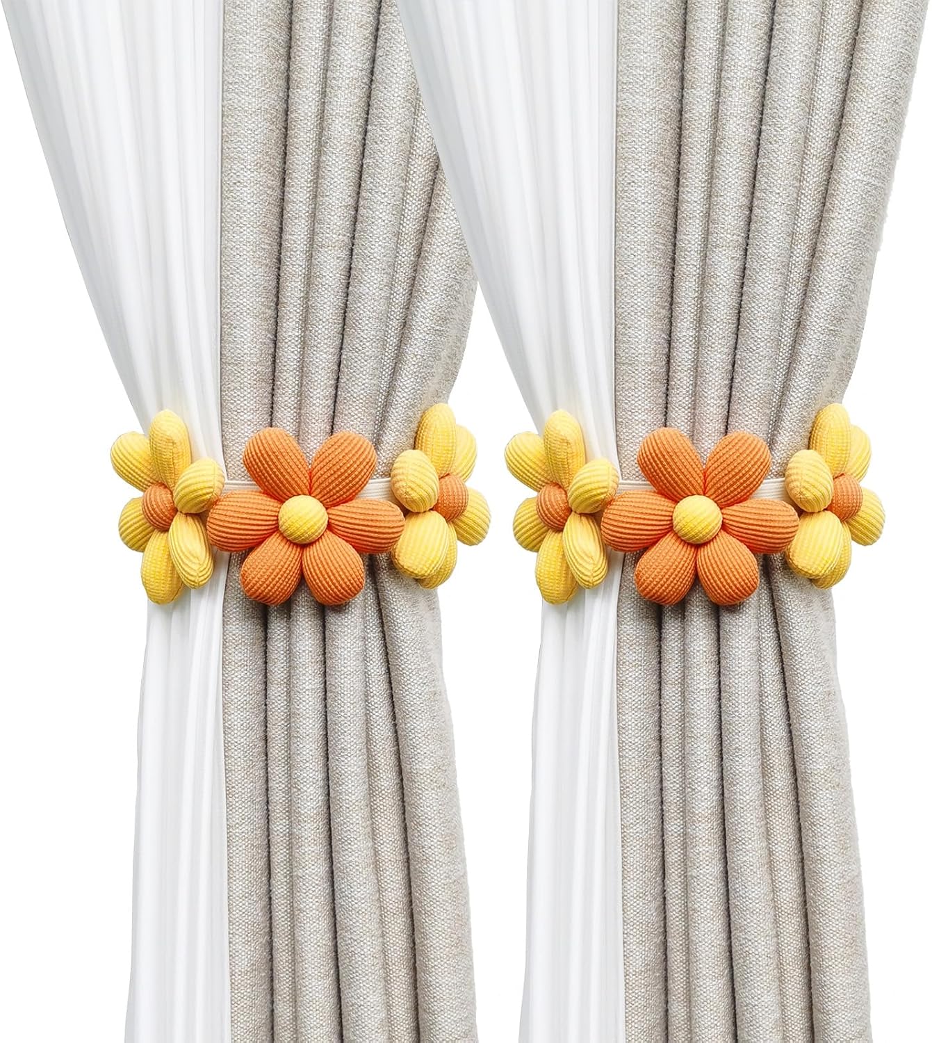 2pcs Curtain Ties Flower Curtain Buckles, Flower Curtain Tiebacks Simplicity Curtain Ties with Buttons,Decorative Curtain Tie Backs for Curtains Bedroom Window (Orange+Yellow)
