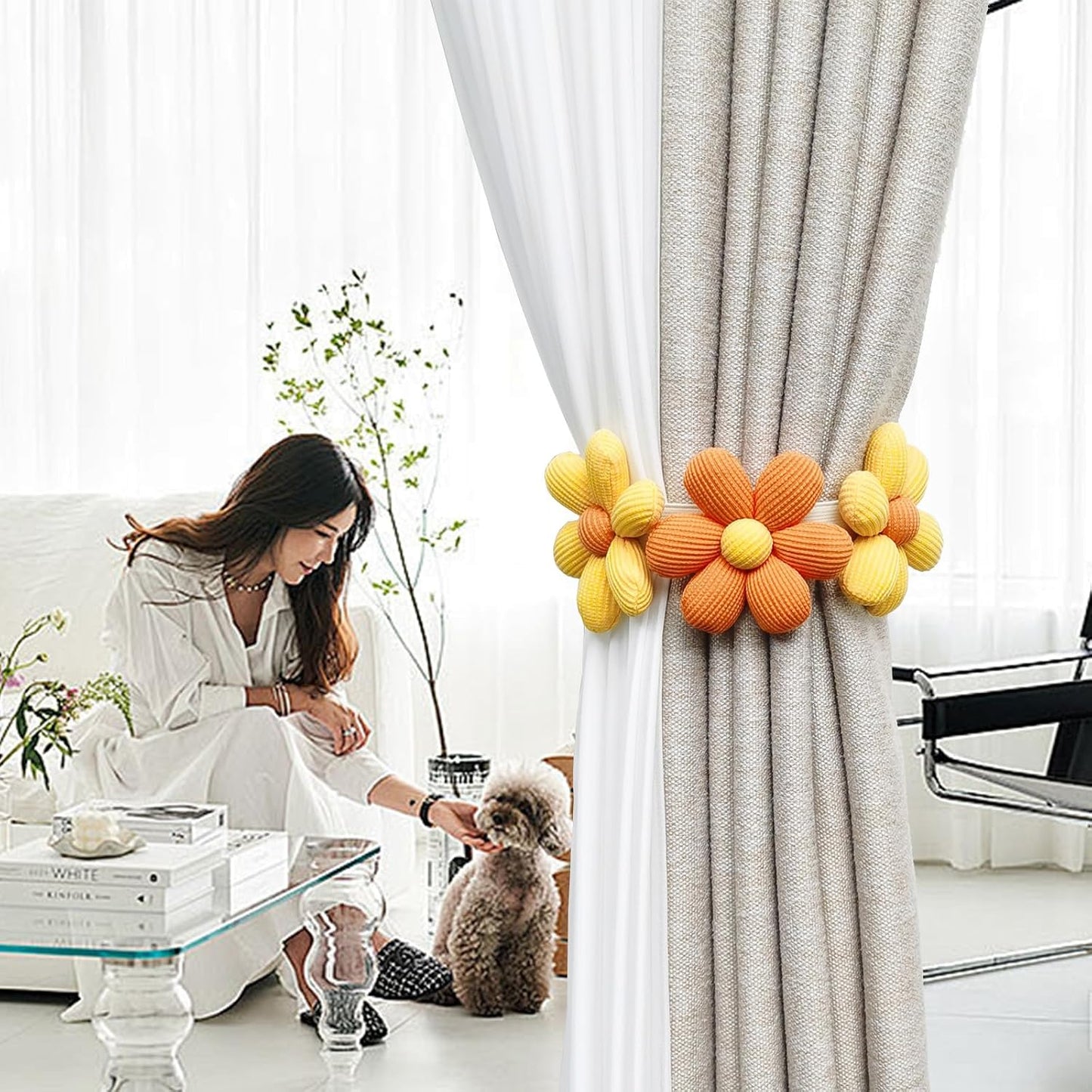 2pcs Curtain Ties Flower Curtain Buckles, Flower Curtain Tiebacks Simplicity Curtain Ties with Buttons,Decorative Curtain Tie Backs for Curtains Bedroom Window (Orange+Yellow)