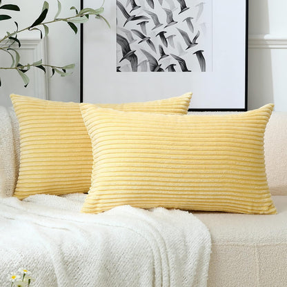 Stellhome Pack of 2 Corduroy Soft Throw Pillow Covers Rectangle Solid Striped Cushion Covers Pillowcase for Bed Couch Sofa Bench, 12x20 inch/30x50 cm, Light Yellow