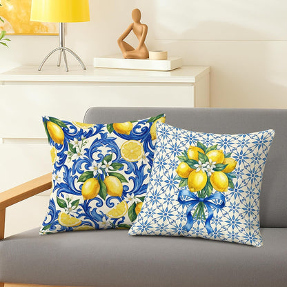 Lemon Throw Pillow Covers Set of 4, Mediterranean Traditional Floral Blue Swirls Summer Yellow Soft Velvet Washable Cushion Covers Pillow for Living Room Bedroom Loft Office Car Decor 16x16 Inch
