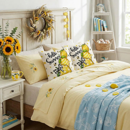 GEEORY Summer Lemon Pillow Covers Set of 2, 18x18 Inch - Hello Sunshine Bee Farmhouse Decor Spring Summer Pillow Case for Sofa and Living Room