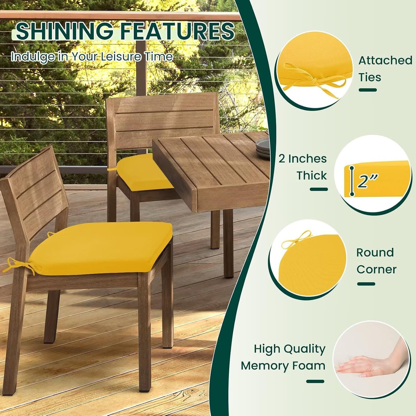 HARBOREST Outdoor Chair Cushions Set of 4, Water Resistant Patio Chair Cushions with Ties, Outdoor Seat Cushions for Patio Furniture, 17"x16"x2", Yellow