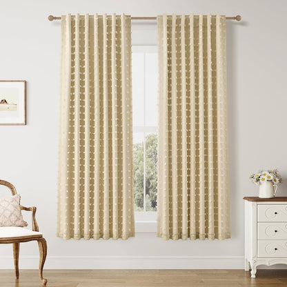 Hokibero 100% Blackout Yellow Short Curtains 63 Inch Long for Bedroom 2 Panels Back Tab Thermal Insulated Double Layer Curtain Girls Room Black Out Window Drapes Cute Pom Pom Sheer for Nursery 52x63