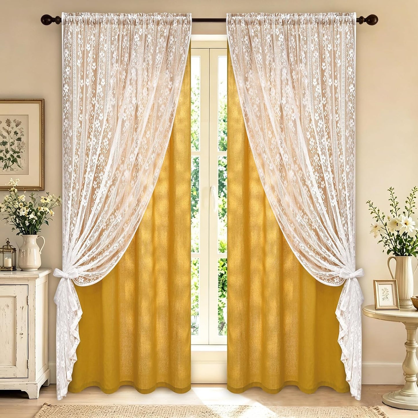 ASPMIZ Linen Curtains for Living Room Double Layer Curtains with Linen Lace, Mustard Yellow Bedroom Curtain Light Filtering, Rod Pocket Drapes 84 Inch Length 2 Panels Set with 2 Tiebacks, 52x84