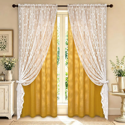 ASPMIZ Linen Curtains for Living Room Double Layer Curtains with Linen Lace, Mustard Yellow Bedroom Curtain Light Filtering, Rod Pocket Drapes 84 Inch Length 2 Panels Set with 2 Tiebacks, 52x84