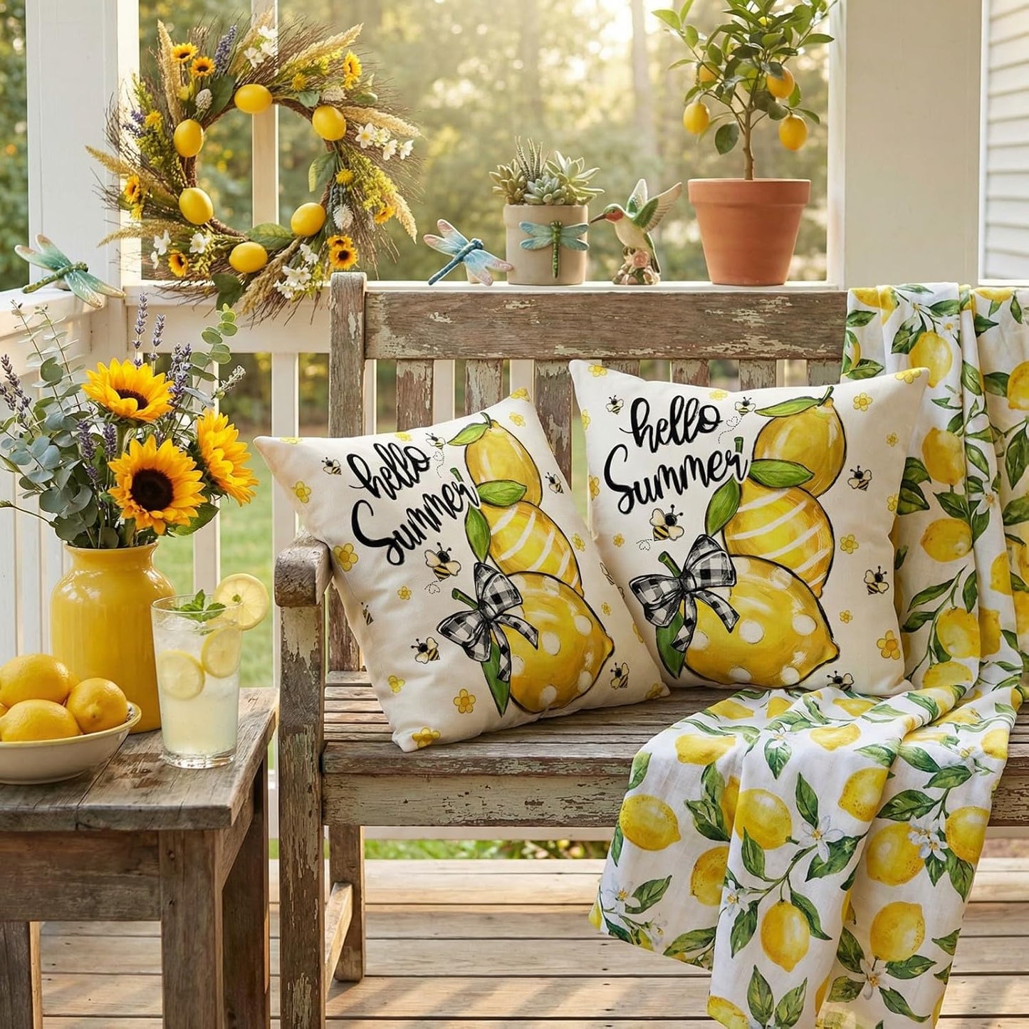 GEEORY Summer Lemon Pillow Covers Set of 2, 18x18 Inch - Hello Sunshine Bee Farmhouse Decor Spring Summer Pillow Case for Sofa and Living Room