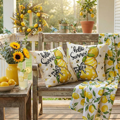 GEEORY Summer Lemon Pillow Covers Set of 2, 18x18 Inch - Hello Sunshine Bee Farmhouse Decor Spring Summer Pillow Case for Sofa and Living Room