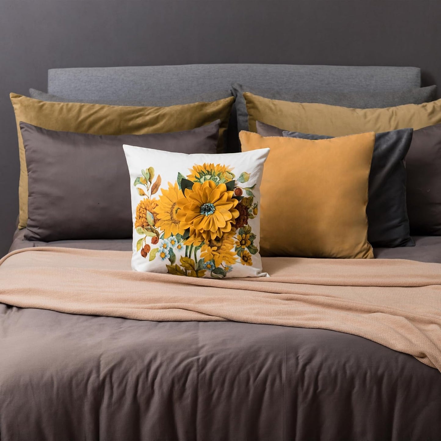 JWH 3D Sunflower Throw Pillow Cover 18x18 Inches White Yellow | Velvet, Handmade, Stereo Flower Design, Decorative Cushion Case, Bed Sofa Couch Home, Summer Pops