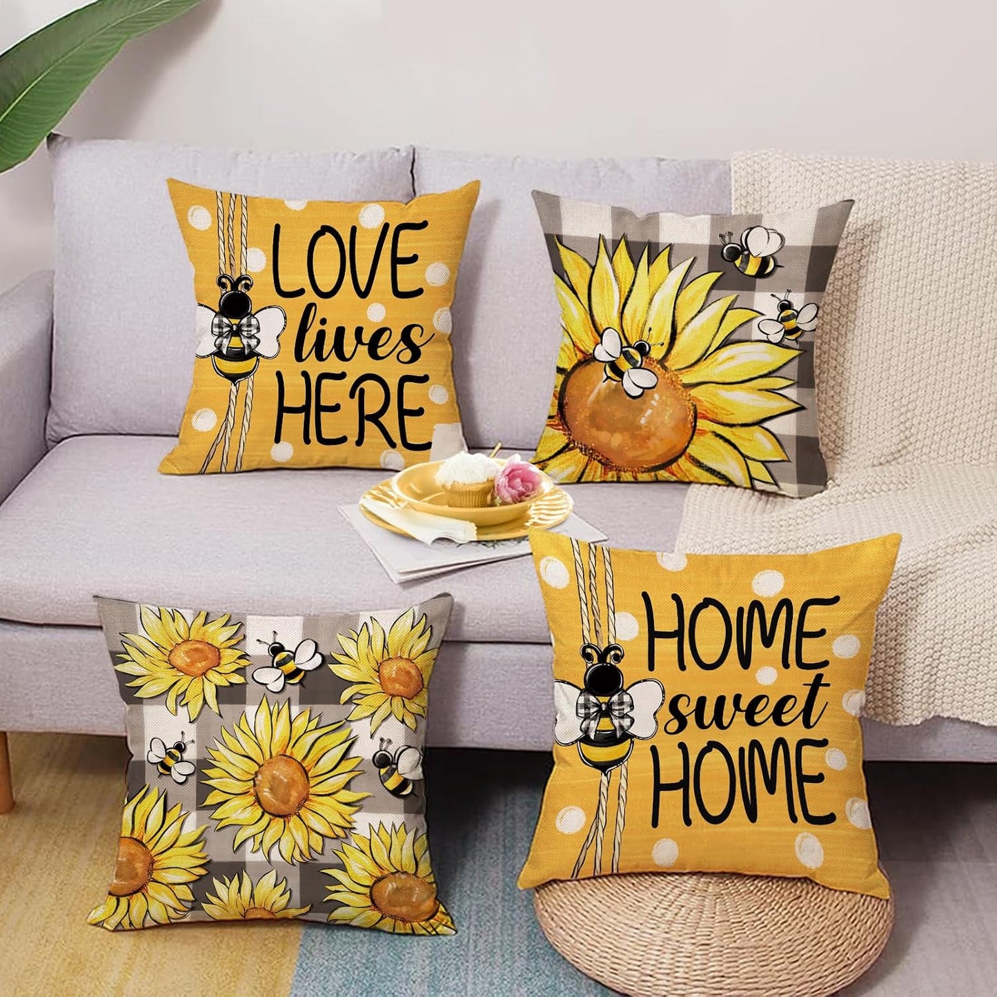 Spring Summer Sunflower Decorative Throw Pillow Covers 18 x 18 Set of 4, Yellow Flower Bumble Bee Home Sweet Home Decor, Love Lives Here Floral Plaid Polka Dots Farmhouse Sofa Couch Cushion Case