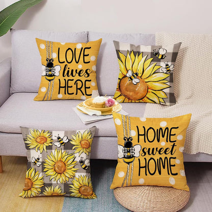 Spring Summer Sunflower Decorative Throw Pillow Covers 18 x 18 Set of 4, Yellow Flower Bumble Bee Home Sweet Home Decor, Love Lives Here Floral Plaid Polka Dots Farmhouse Sofa Couch Cushion Case