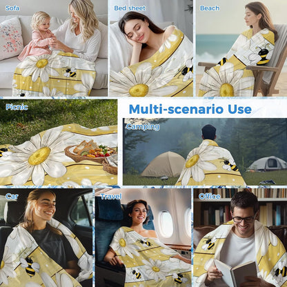 Cooling Blanket for Hot Sleepers, White Daisy Farmhouse Lightweight Breathable Summer Blanket, Garden Floral Bees Yellow Wooden Double-Side Cool Throw Blankets for Sleeping Travel, 40"x60"