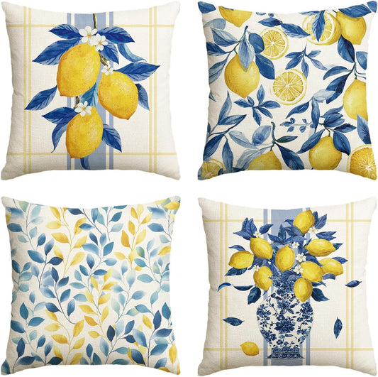 AVOIN colorlife Summer Lemon Leaves Plaid Throw Pillow Covers, 18 x 18 Inch Blue and White Porcelain Vase Flowers Decoration for Sofa Couch Holiday Seasonal Home Decor Set of 4