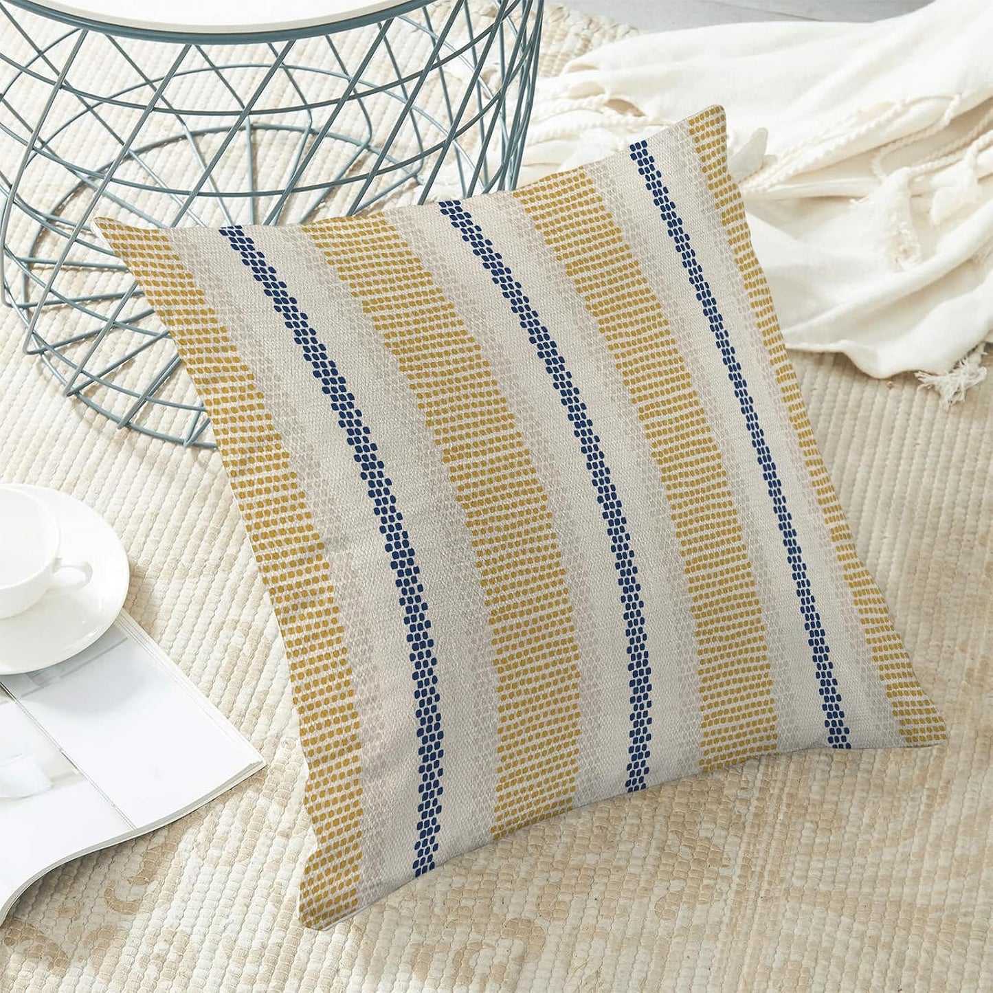 Boho Pillow Covers 18x18 Set of 2 Yellow Blue Abstract Polka Dot Stripe Throw Pillow Covers Outdoor Decor Modern Minimalism Decorative Pillowcase Farmhouse Lumbar Cushion Case for Home Couch