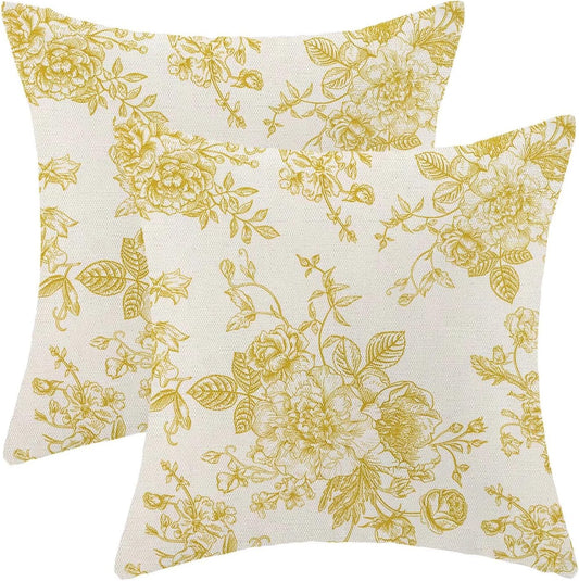 AEIOAE Yellow Floral Pillow Covers 18 x 18 Inch Set of 2, Vintage Chinoiserie Flower Decorative Throw Pillow Covers Outdoor Linen Farmhouse Decor Pillowcase for Home Sofa