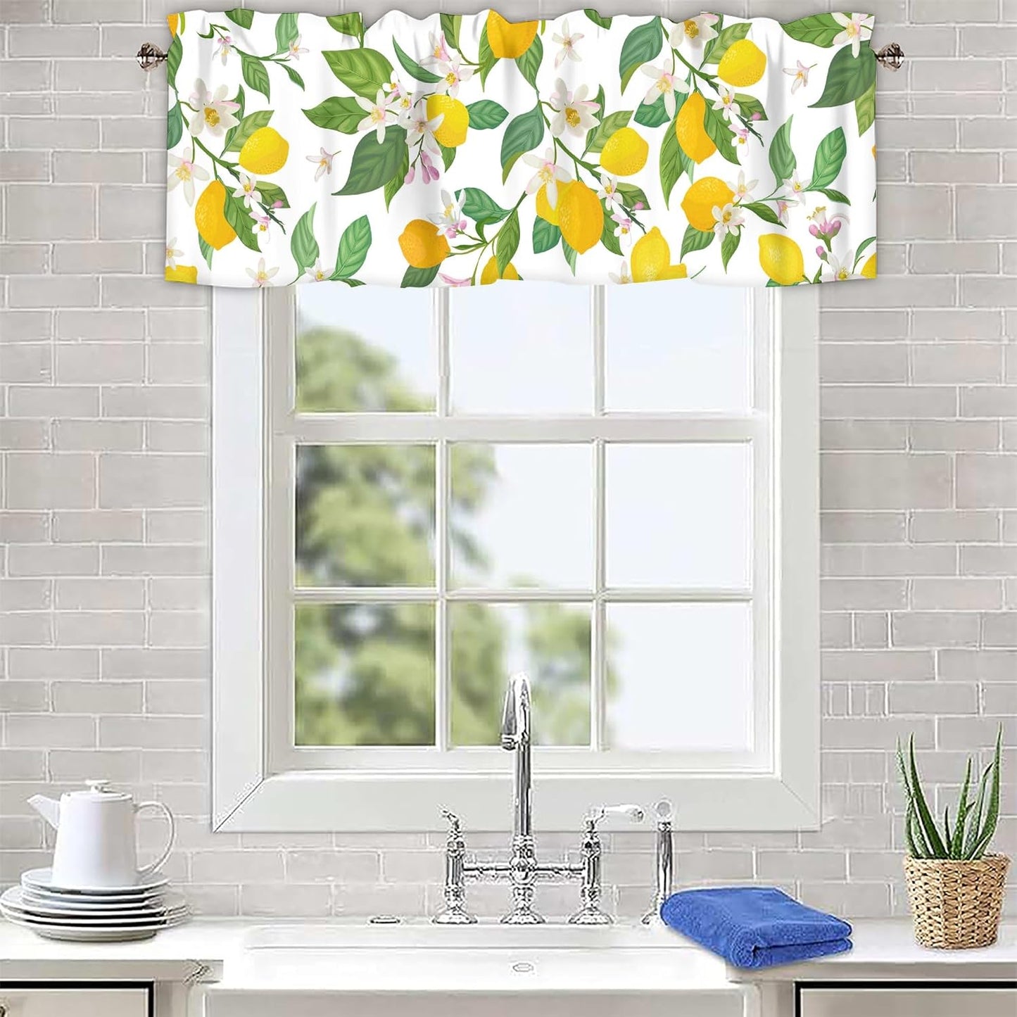 Floral Lemon Curtain Valances for Windows, Kitchen Valance Rod Pocket Window Treatments Short Curtains for Bathroom Bedroom Living Room Farmhouse Decor 42x12 Inch,1 Panel